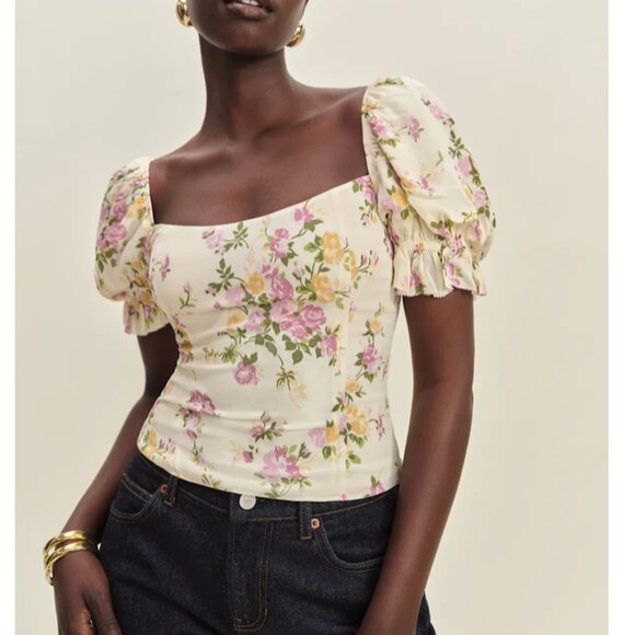 ✨ SALE  Reformation Marin Top Sz2 Posy Cream Pink Floral Spring French Blouse - Picture 1 of 11